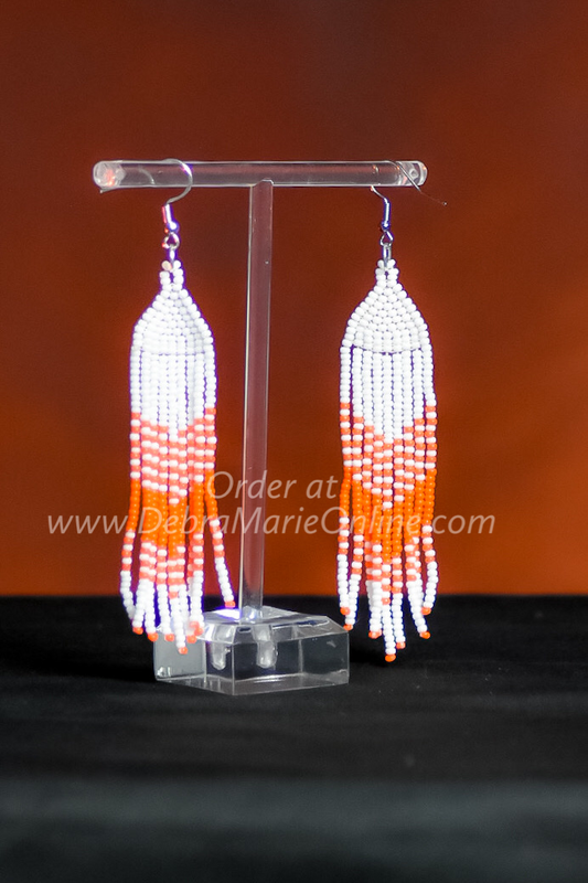 White and Orange Fringe Beaded Earrings